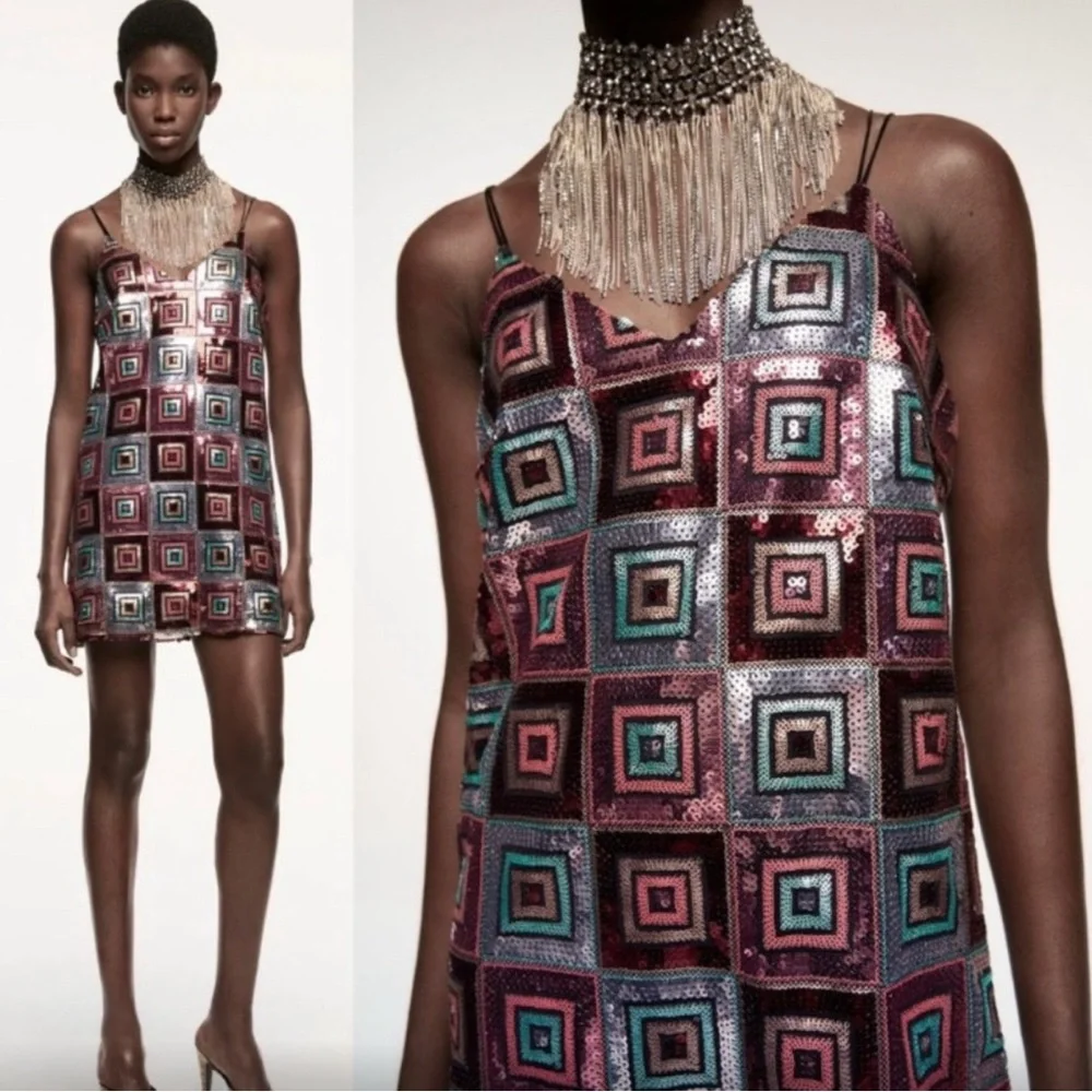 NWT: Festive Sequin Geometric Pattern Strappy DRESS🔹🔻